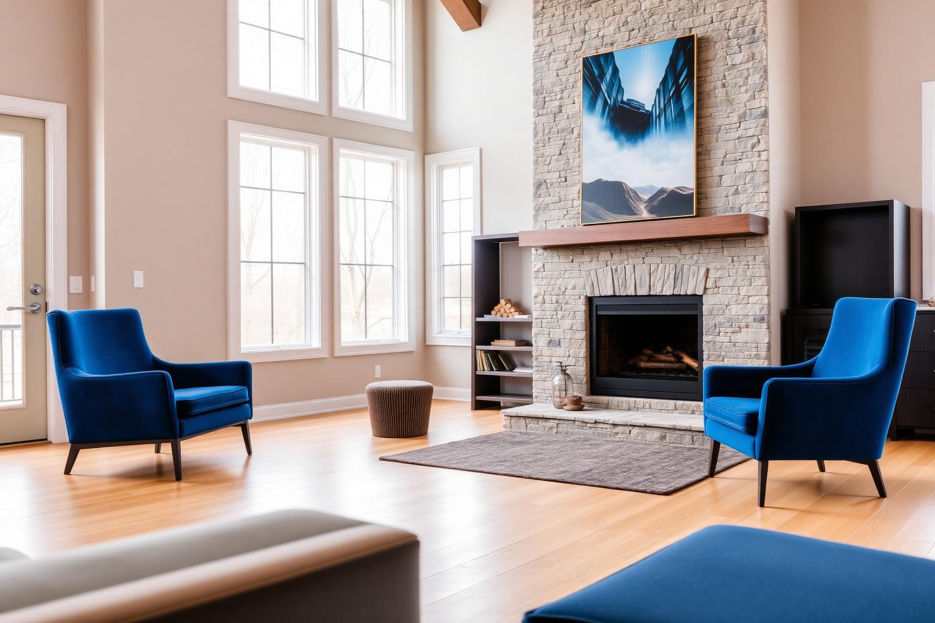 Living room with blue armchairs and stone fireplace