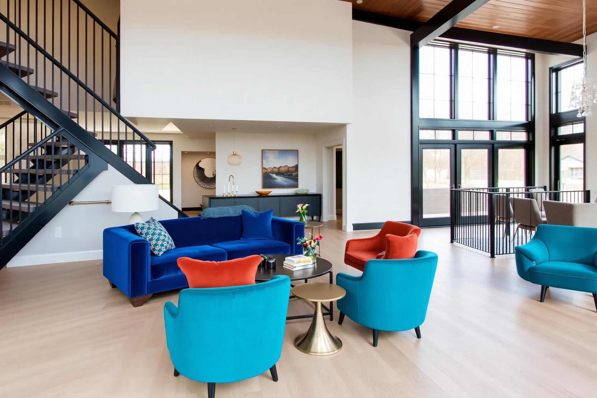 Open concept living room with blue velvet sofa and accent chairs