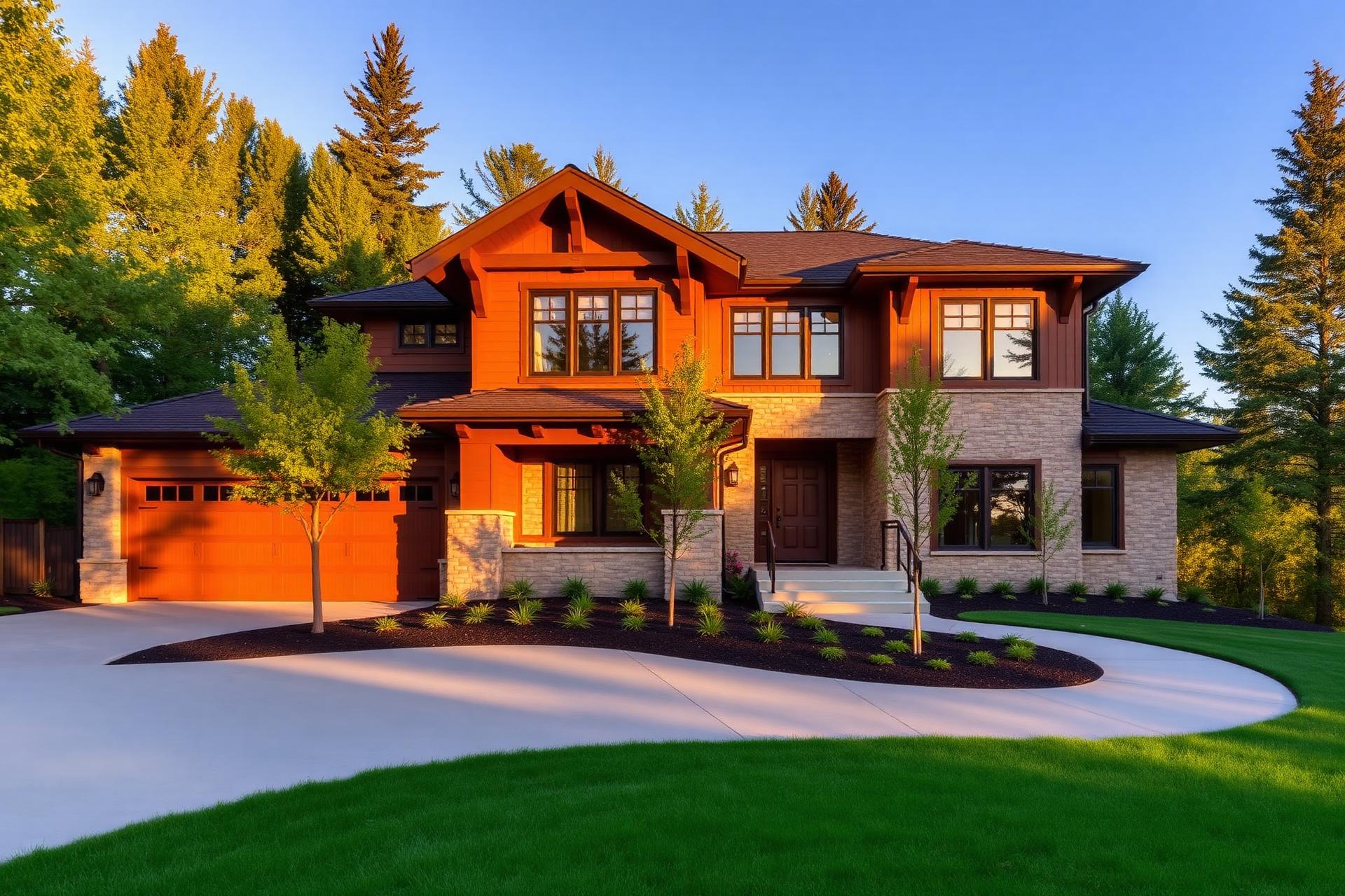 Modern two story home exterior with mature trees