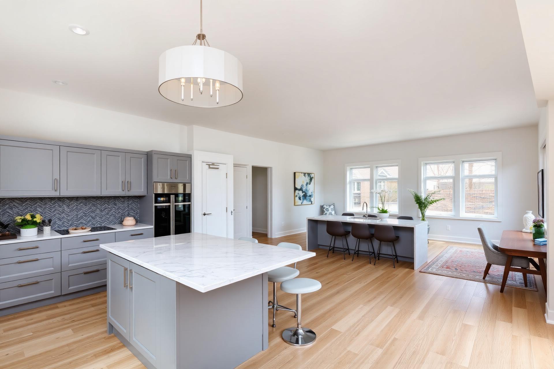 Modern grey kitchen with marble island and chandelier